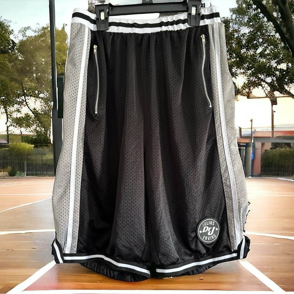 Dr. J Julius Erving Basketball Shorts Size XL Zipper Pockets Black/Gray/White